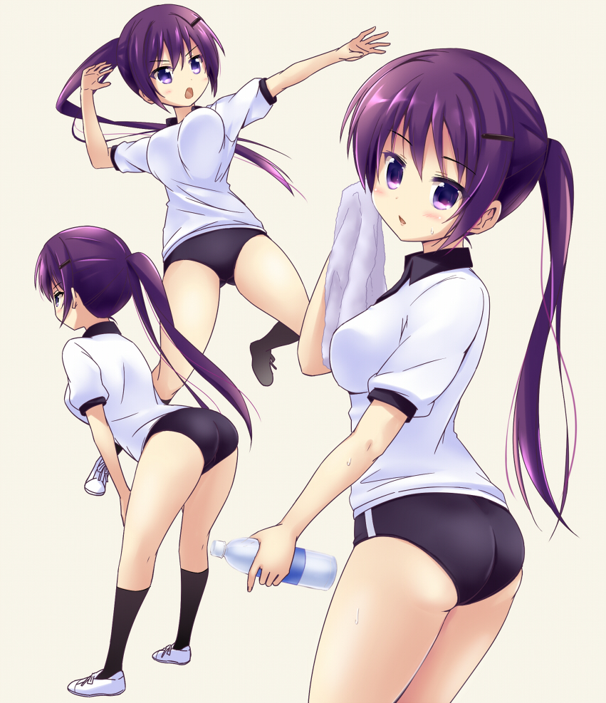 ass bangs black_legwear bottle breasts buruma collared_shirt commentary_request eyebrows_visible_through_hair gochuumon_wa_usagi_desu_ka? gym_shirt gym_uniform hair_between_eyes hair_ornament hairclip holding holding_bottle jumping kneehighs kneepits large_breasts legs_apart long_hair ponytail purple_eyes purple_hair riki_(archf) shirt shoes short_sleeves sidelocks sneakers solo sweat tedeza_rize thighs towel tsurime water_bottle white_footwear white_shirt wiping_face