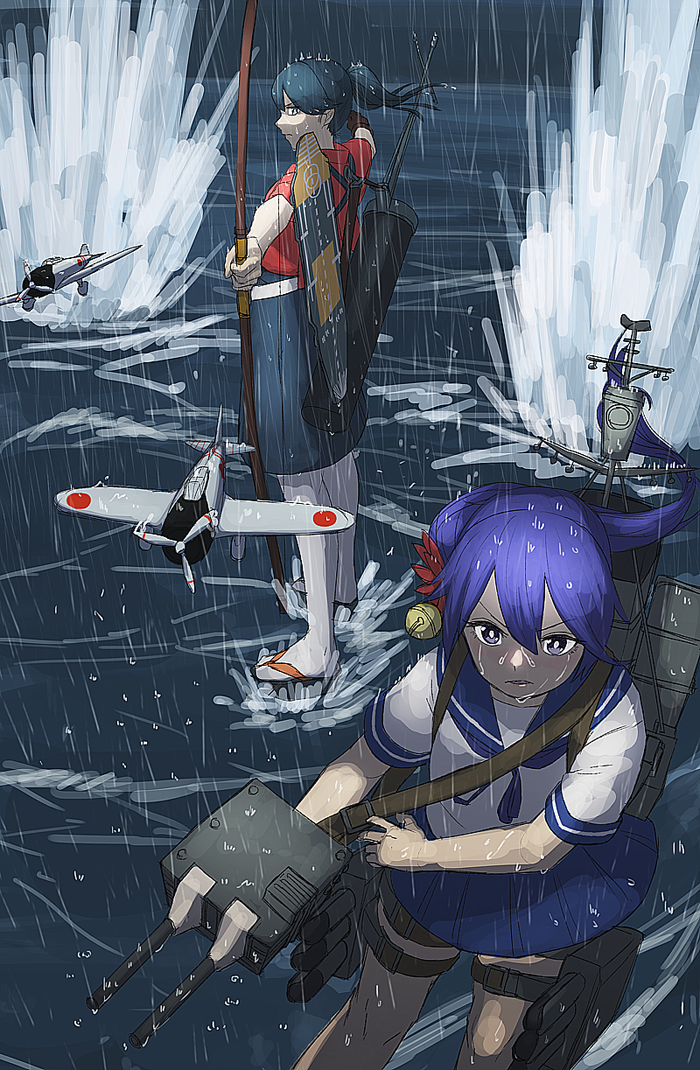 aircraft airplane akebono_(kantai_collection) bell black_hair bow_(weapon) d3a flower hair_bell hair_flower hair_ornament houshou_(kantai_collection) japanese_clothes jingle_bell kantai_collection long_hair multiple_girls ocean ponytail purple_eyes purple_hair quiver rain side_ponytail turret weapon yue_(tada_no_saboten)