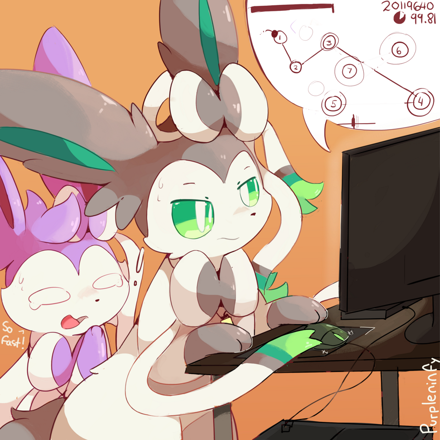 alternate_color artist_name bow commentary computer english green_eyes green_sclera keyboard_(computer) monitor mouse_(computer) no_humans number orange_background osu! pokemon prehensile_ribbon purpleninfy ribbon simple_background sweat sylveon tearing_up video_game