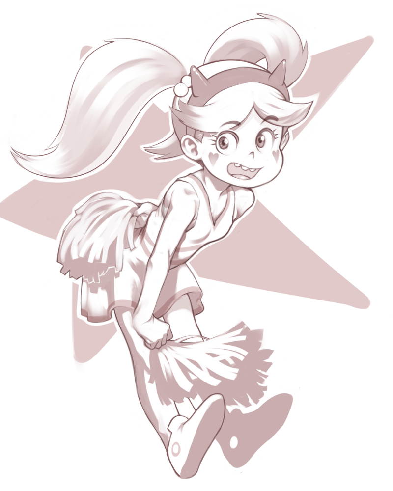 1girl cheerleader conoghi looking_at_viewer monochrome open_mouth star_butterfly star_vs_the_forces_of_evil twintails