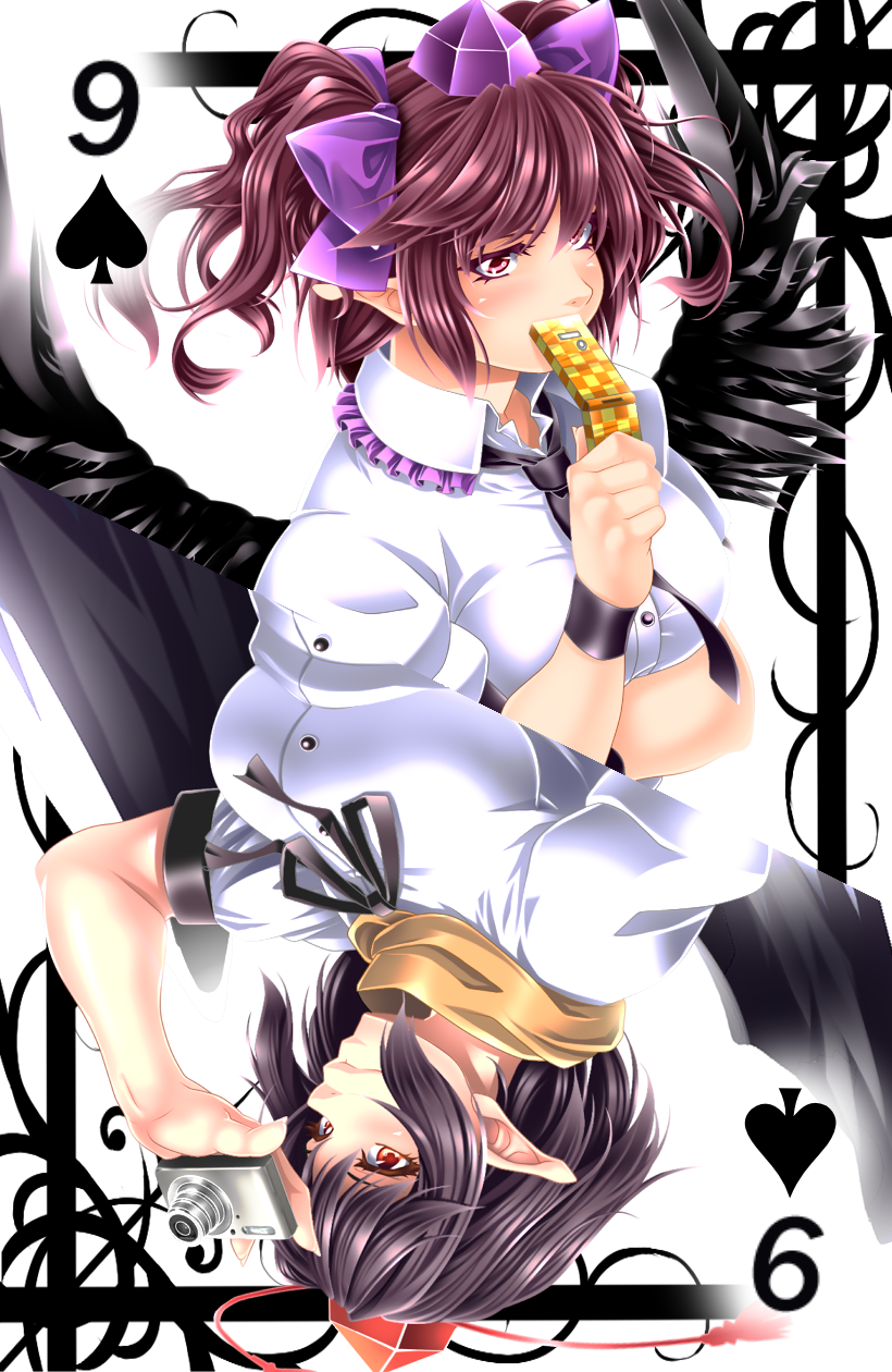 bangs bird_wings black_hair black_wings blush bow bowtie breast_hold breasts buttons camera card card_(medium) cellphone checkered collared_shirt colored_eyelashes covered_mouth digital_camera fingernails frills hand_up hat highres himekaidou_hatate holding large_breasts light_smile long_fingernails long_pointy_ears looking_at_viewer multiple_girls neck_ribbon necktie number phone pink_eyes playing_card pointy_ears puffy_sleeves purple_hair red_eyes ribbon rotational_symmetry scarf shameimaru_aya shirt short_hair short_sleeves short_twintails smile spade_(shape) tassel tokin_hat touhou twintails upper_body upside-down white_shirt wings wristband yoiti