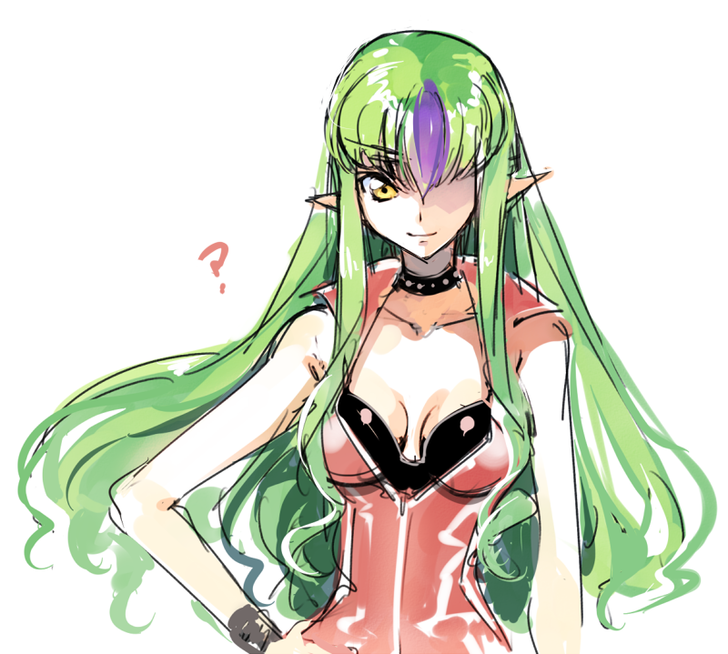 ? breasts c.c. cleavage code_geass collar collarbone cosplay creayus green_hair hair_over_one_eye hand_on_hip long_hair looking_at_viewer medium_breasts misery_(outer_zone) misery_(outer_zone)_(cosplay) multicolored_hair outer_zone pointy_ears purple_hair simple_background sleeveless smile solo two-tone_hair white_background yellow_eyes
