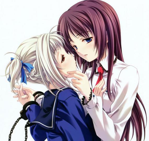 after_kiss ascot blue_eyes braid brown_hair chain character_request chin_grab copyright_request couple cuffs half-closed_eyes handcuffs holding_hands jpeg_artifacts long_hair long_sleeves miyama-zero multiple_girls platinum_blonde_hair profile sailor_collar saliva saliva_trail school_uniform serafuku short_hair short_twintails source_request twintails upper_body yuri