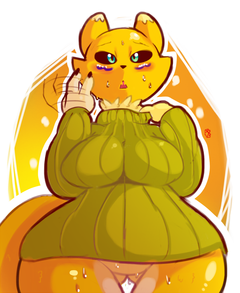 3_fingers actionbastardvirginblstr anthro blush bottomless breasts chubby clothed clothing digimon female fur half-dressed open_mouth renamon solo sweat sweater thigh_gap white_fur wide_hips yellow_fur