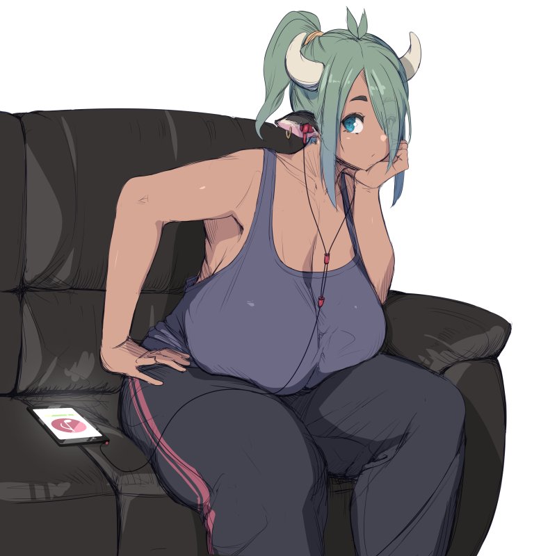 animal_ears blue_eyes breasts casual cellphone chin_rest cleavage commentary_request couch cow_ears cow_horns curvy dark_skin earbuds earphones earrings eyebrows_visible_through_hair eyes_visible_through_hair green_hair hand_on_hip horns huge_breasts jewelry leaning_forward listening_to_music no_bra original pants phone sagging_breasts short_hair short_ponytail sitting sketch smartphone solo sweatpants tank_top thick_eyebrows thick_thighs thighs toyosaka_momo white_background yana_(nekoarashi)