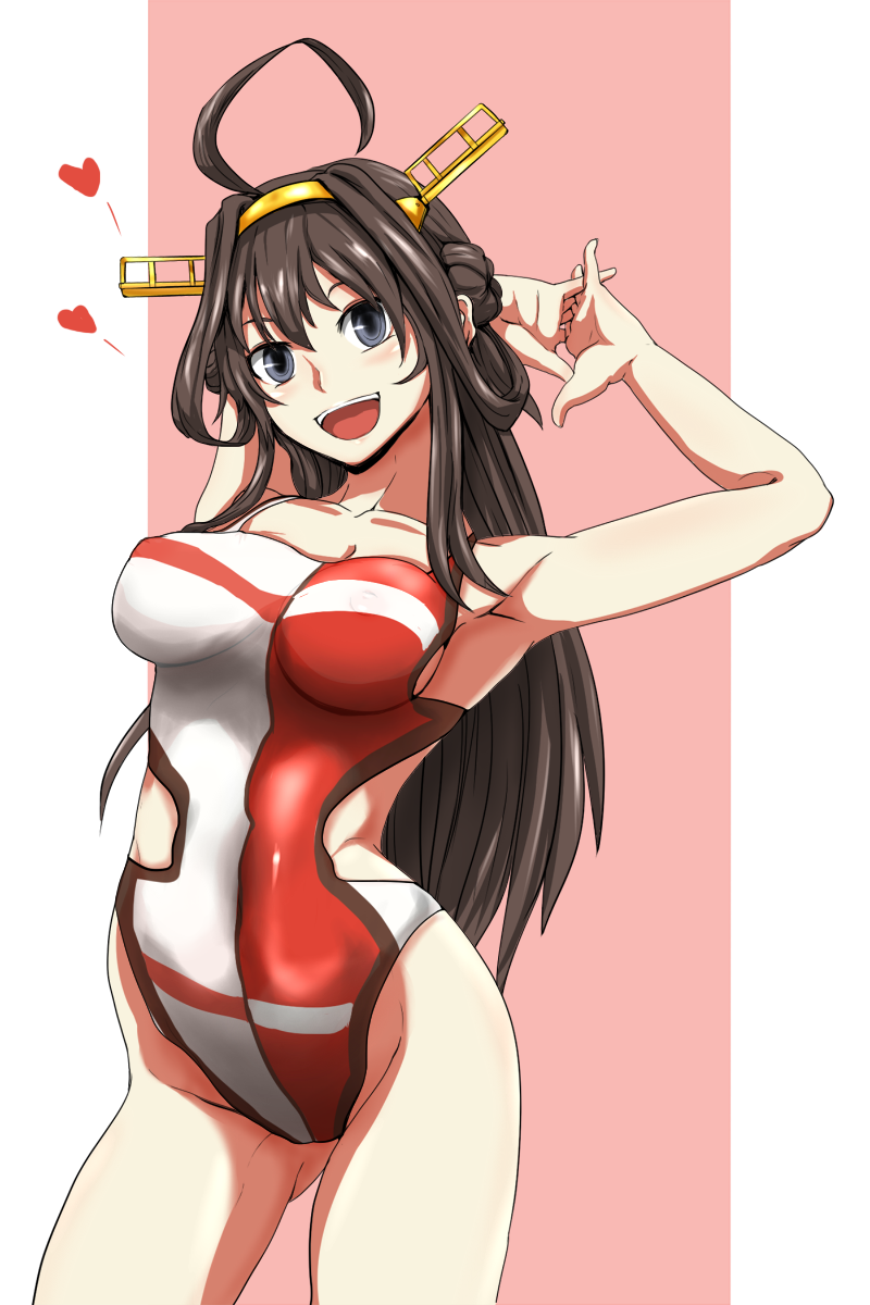 arms_up brown_hair collarbone competition_swimsuit grey_eyes headgear heart highres interlocked_fingers kantai_collection kongou_(kantai_collection) long_hair one-piece_swimsuit open_mouth smile solo swimsuit yaruku