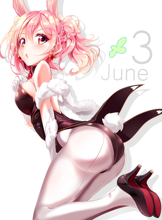 3 animal_ears ass bare_shoulders braid breasts bunny_ears bunny_tail bunnysuit clover detached_collar elbow_gloves four-leaf_clover gloves haruka_natsuki high_heels june large_breasts looking_at_viewer number open_mouth original pantyhose pink_hair purple_eyes sideboob solo tail twintails white_gloves white_legwear