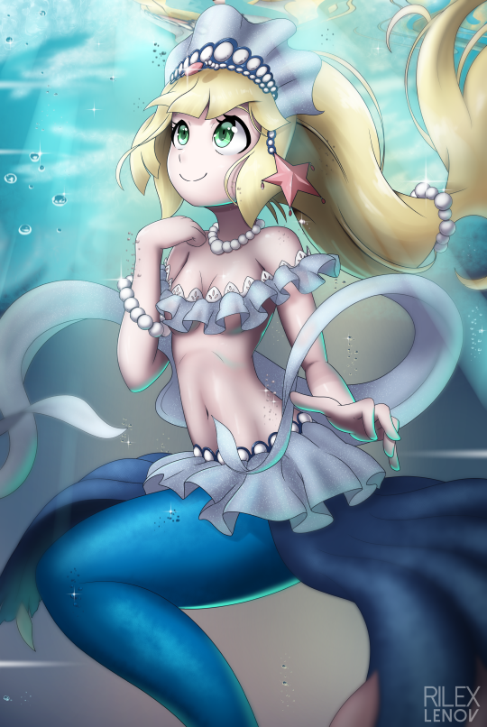 blonde_hair breasts bubble clothed clothing female fusion green_eyes hair jewelry lillie_(pok&eacute;mon) long_hair marine merfolk midriff navel necklace nintendo pok&eacute;mon pok&eacute;mon_(species) primarina rilex_lenov small_breasts smile solo sunbeam underwater video_games water