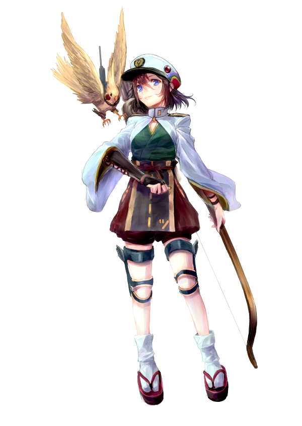 antennae bird blue_eyes bow_(weapon) brown_hair cockatiel commentary_request female_admiral_(kantai_collection) flip-flops full_body hat jacket kantai_collection leg_brace mugitarou sailor_hat sandals short_hair socks solo tabi transparent_background weapon
