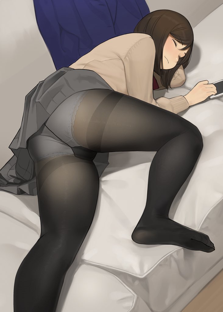 1girl ass bangs beige_sweater black_legwear blue_jacket blush brown_hair cellphone closed_mouth commentary commentary_request couch eyes_closed feet grey_skirt gusset jacket jacket_removed lace lace-trimmed_panties legs long_legs lying no_shoes on_side original panties panties_under_pantyhose pantyhose phone pleated_skirt school_uniform short_hair skirt sleeping smartphone smile solo thighband_pantyhose thighs underwear white_panties yomu_(sgt_epper)