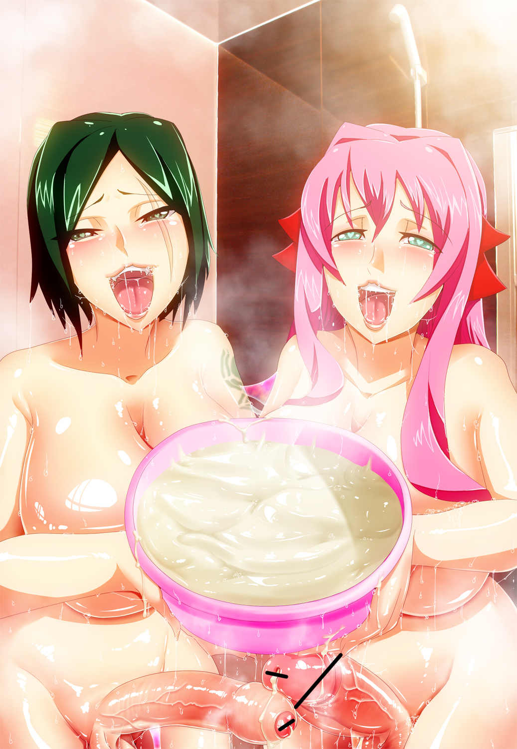 bar_censor blush bowl breasts censored cum cum_in_container curvy foreskin futanari green_eyes green_hair heart heart-shaped_pupils huge_breasts long_hair looking_at_viewer multiple_girls nude open_mouth original penis phimosis pink_hair scar short_hair smile sweat symbol-shaped_pupils taroro tattoo wide_hips