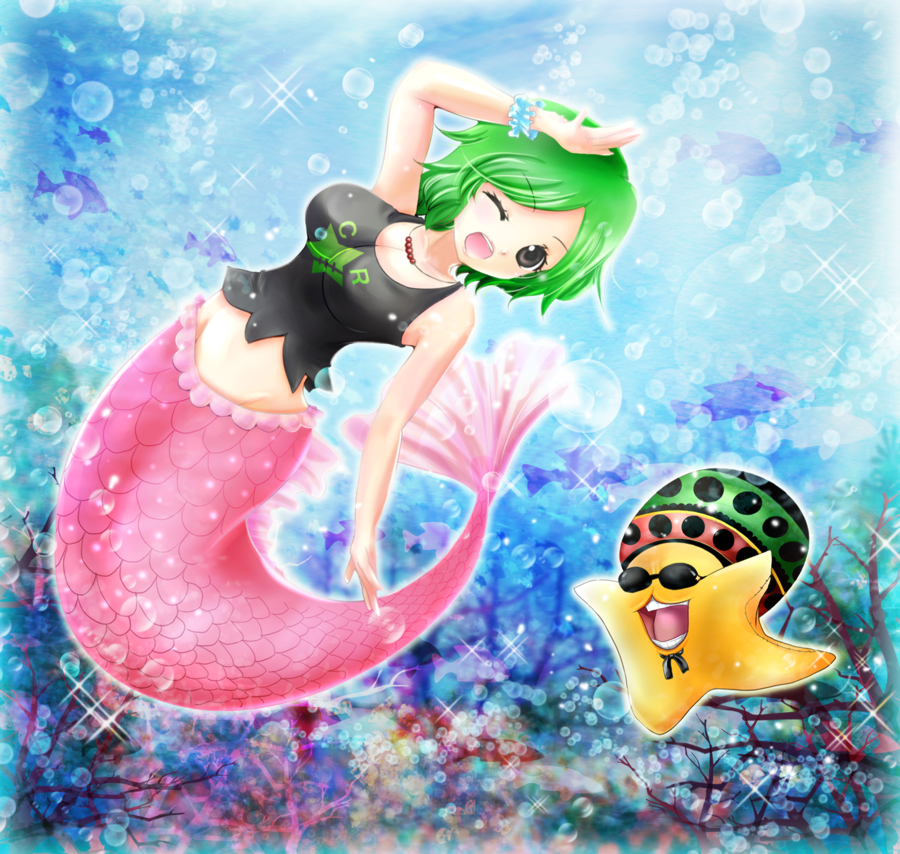 air_bubble breasts brown_eyes bubble camie cleavage coral fish green_hair hand_on_own_head hat jewelry large_breasts looking_at_viewer mermaid monster_girl necklace one_eye_closed one_piece open_mouth pappug shirt short_hair sleeveless sleeveless_shirt sparkle star sunglasses tank_top tsukiori_sasa underwater wrist_cuffs
