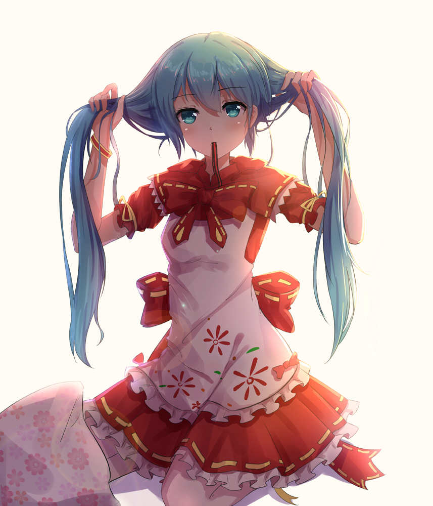 backlighting blue_eyes blue_hair bow bunching_hair byakuya_reki cosplay hatsune_miku holding holding_hair little_red_riding_hood little_red_riding_hood_(grimm) little_red_riding_hood_(grimm)_(cosplay) long_hair looking_at_viewer md5_mismatch mikuzukin_(module) mouth_hold project_diva_(series) puffy_sleeves revision ribbon ribbon_in_mouth shirt sitting skirt solo twintails very_long_hair vocaloid wariza