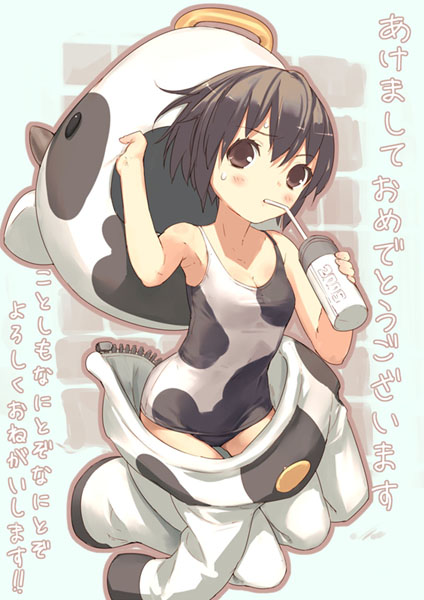 2009 animal_costume animal_print artist_request brown_eyes brown_hair cow_costume cow_print drink drinking drinking_straw new_year one-piece_swimsuit outline school_swimsuit short_hair solo sweat swimsuit thermos zipper