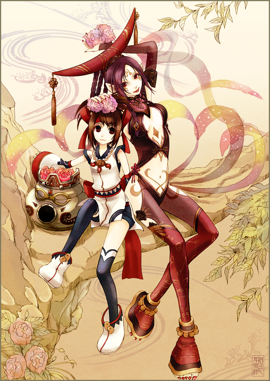 anklet anoringo arm_up barefoot black_hair black_legwear boots braid center_opening da_ji detached_sleeves dual_wielding elf facial_mark fingernails flat_chest flower forehead_mark hair_ornament hat head_tilt headband high_ponytail highres himiko_(musou_orochi) holding in_tree japanese_clothes jewelry leaf leg_up lipstick long_fingernails long_hair long_toenails magatama makeup midriff multiple_girls musou_orochi nail_polish nature navel necklace no_bra object_on_head outdoors pendant pointy_ears ponytail red_eyes red_legwear red_nails sash see-through short_hair shorts side_slit sitting sitting_in_tree smile spiked_hair tattoo thighhighs toeless_legwear toenails toes tree