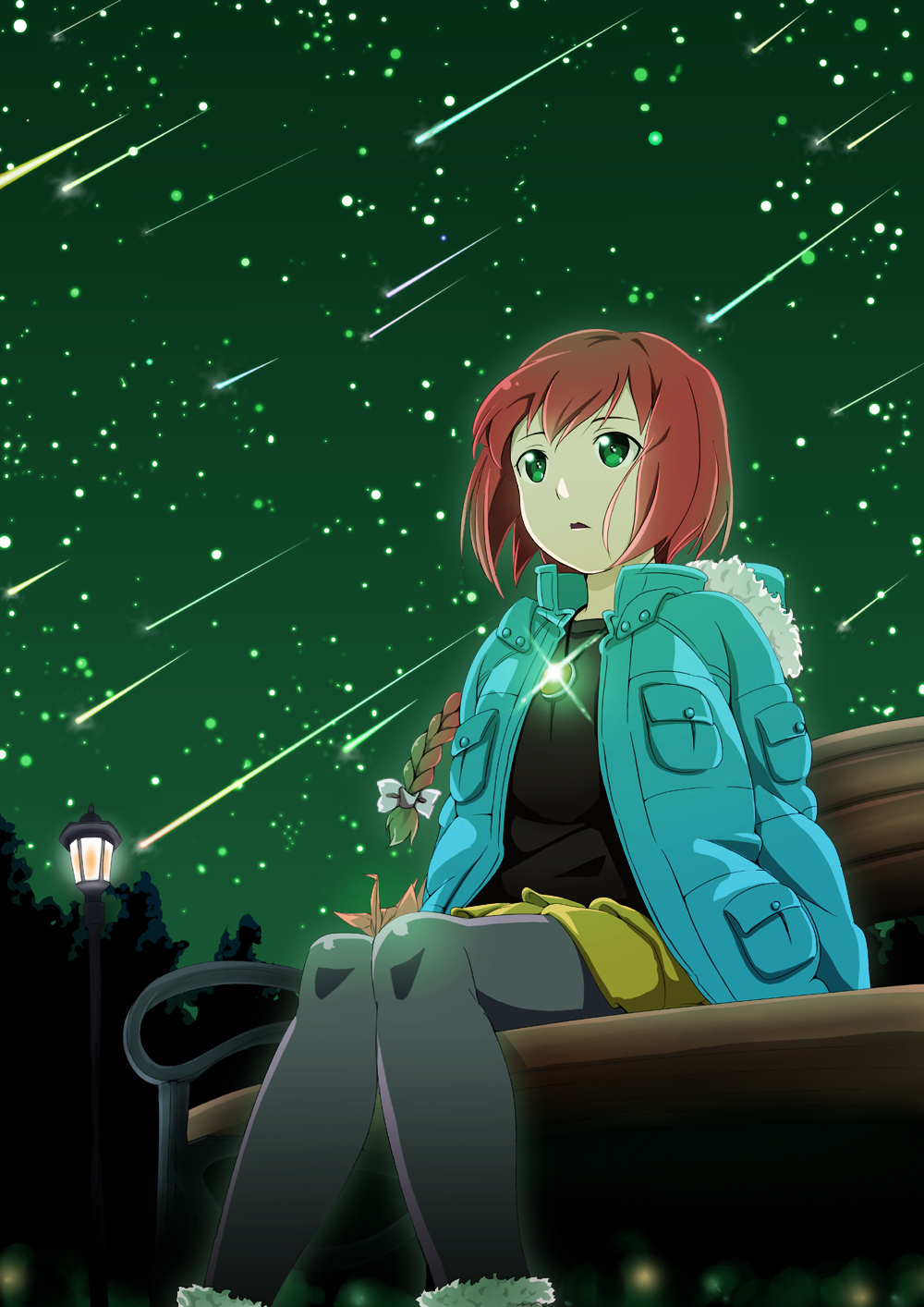 arms_at_sides bad_id bad_pixiv_id bench black_legwear black_shirt blue_jacket braid brooch darker_than_black fur_trim green green_eyes highres hood hood_down hooded_jacket jacket jewelry knees_together lamppost looking_away meteor_shower miniskirt night night_sky open_clothes open_jacket origami outdoors pantyhose paper_crane park_bench parted_lips red_hair rozen5 shirt shooting_star short_hair_with_long_locks single_braid sitting skirt sky solo star_(sky) starry_sky suou_pavlichenko yellow_skirt