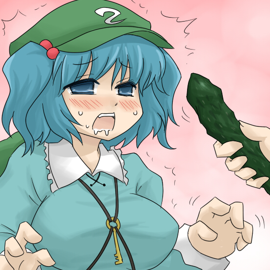 blue_hair blush breasts cucumber drooling hair_bobbles hair_ornament hat kawashiro_nitori key large_breasts oro_(zetsubou_girl) saliva sexually_suggestive solo_focus sweat touhou trembling twintails two_side_up