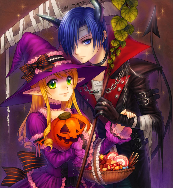 1girl bandages basket blonde_hair blue_eyes blue_hair candy collar cookie demon_tail dress food frills gloves green_eyes halloween hat horns jack-o'-lantern long_hair mashuu original pocky pointy_ears pumpkin scythe short_hair smile tail witch_hat