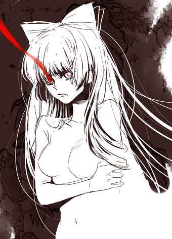 angry bow breasts cocco-saco dark fujiwara_no_mokou glowing glowing_eyes holding_arm lowres md5_mismatch medium_breasts monochrome navel nude ribbon solo touhou