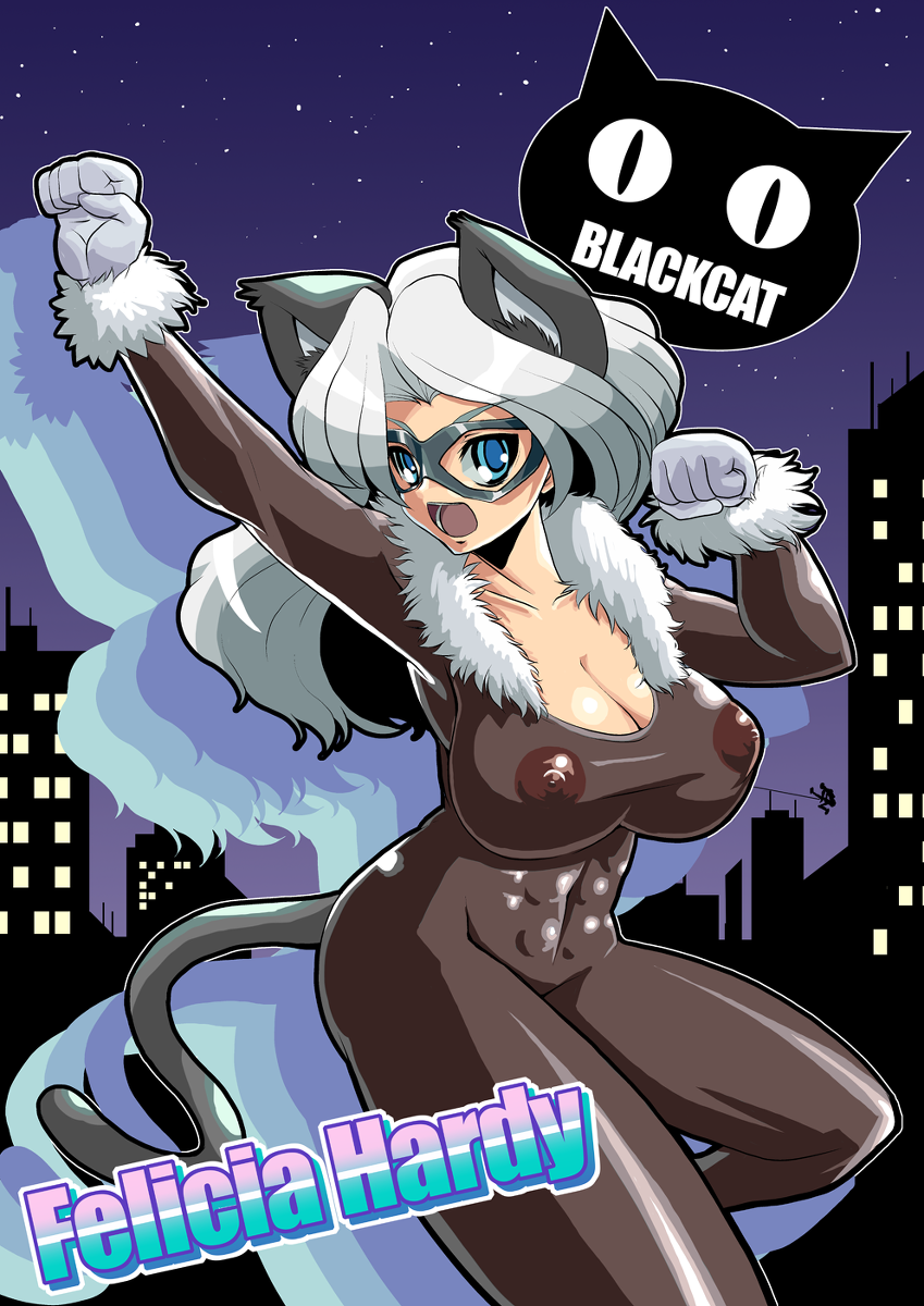 1girl abs black_cat_(marvel) blue_eyes bodysuit breasts cat_ears cat_tail cleavage felicia_hardy gradient gradient_background large_breasts long_hair marvel mask nipples see-through skin_tight tail white_hair