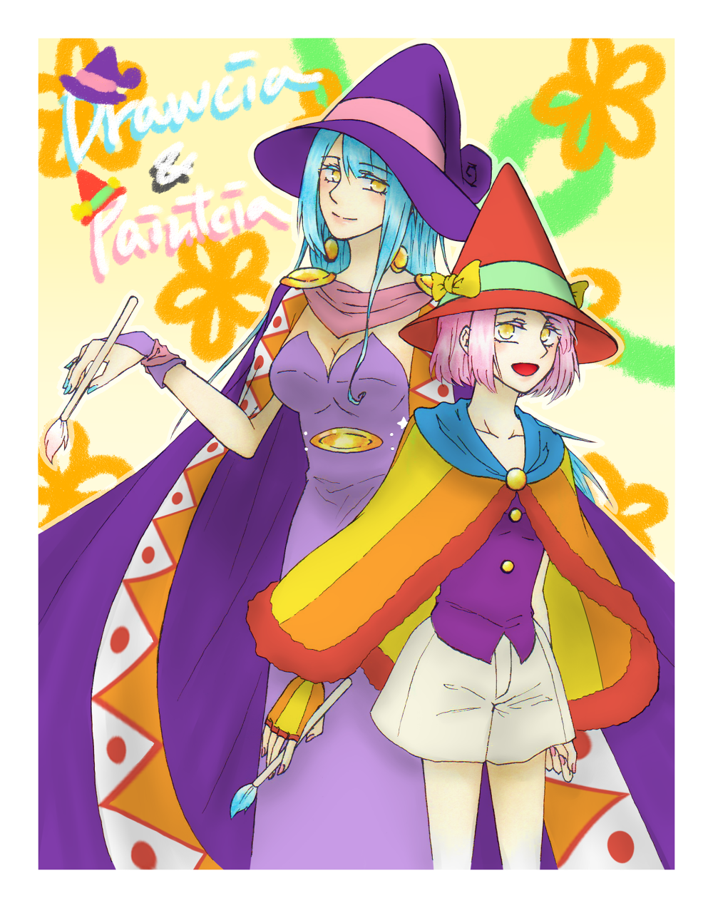 2girls artist_request blue_hair bow breasts cape cloak drawcia dress earrings fingerless_gloves gloves hat jewelry kirby_(series) kirby_canvas_curse kirby_triple_deluxe long_hair looking_at_viewer multiple_girls nail_polish nintendo open_mouth paintra personification pink_hair short_hair shorts simple_background smile vest yellow_eyes
