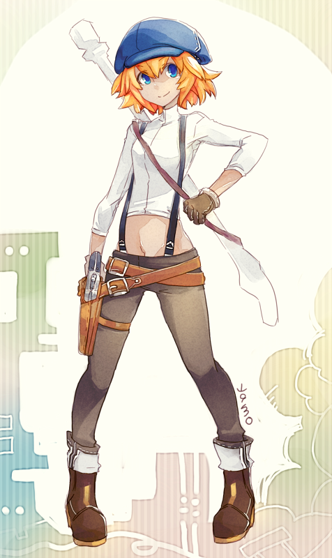 artist_name belt blonde_hair blue_eyes boots breasts brown_gloves cabbie_hat call_(red_ash) commentary_request crop_top dark_skin full_body gloves gun handgun hat holster midriff multiple_belts navel pants pigeon-toed pistol red_ash short_hair small_breasts smile solo suspenders weapon yamo_(sky2world)