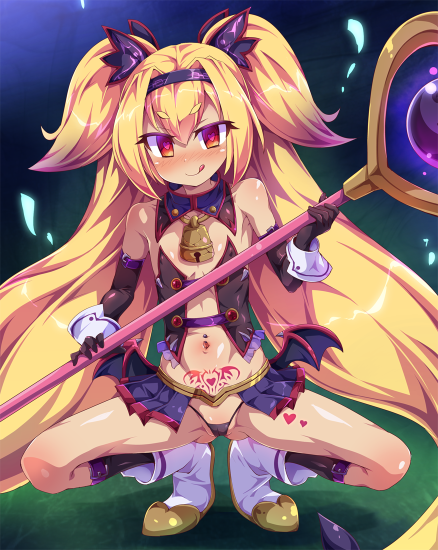 :p bell blazblue blonde_hair blush demon_wings flat_chest gloves heart heart-shaped_pupils heart_tattoo long_hair micro_panties muchourin navel navel_piercing panties piercing platinum_the_trinity pubic_tattoo red_eyes solo staff symbol-shaped_pupils tattoo tongue tongue_out toraishi_666 underwear wings