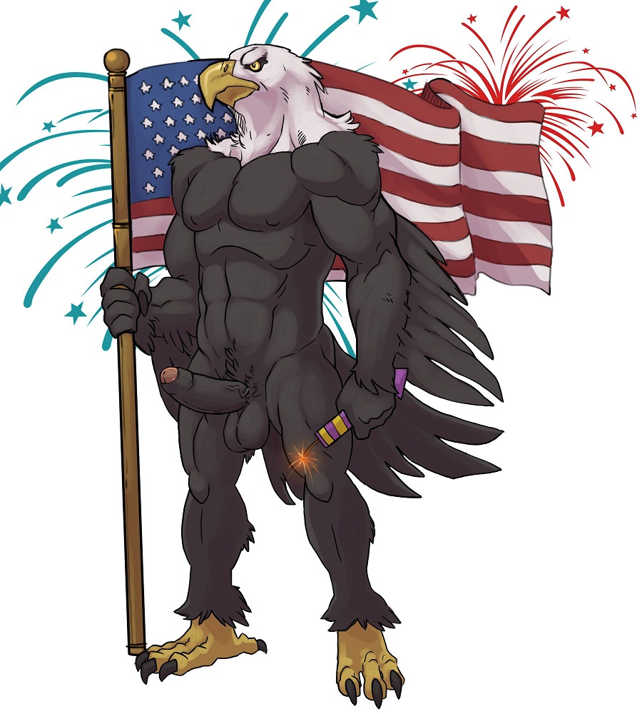 2015 abs anthro avian badcoyote bald_eagle balls beak bird brown_feathers claws eagle erection feathered_wings feathers firecracker fireworks flag front_view independence_day male muscles nude partially_retracted_foreskin pecs penis simple_background solo standing talons toe_claws toned uncut united_states_of_america us_flag waving_flag wings yellow_eyes