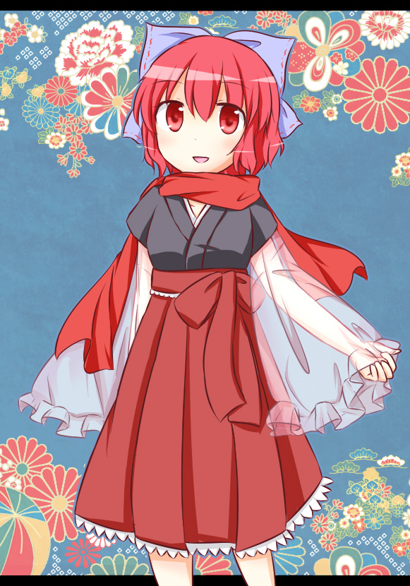 :d adapted_costume blush bow cosplay flower hair_bow hakama japanese_clothes kimono large_bow looking_at_viewer motoori_kosuzu motoori_kosuzu_(cosplay) open_mouth puchimirin red_eyes red_hair red_hakama scarf see-through sekibanki short_hair smile solo touhou