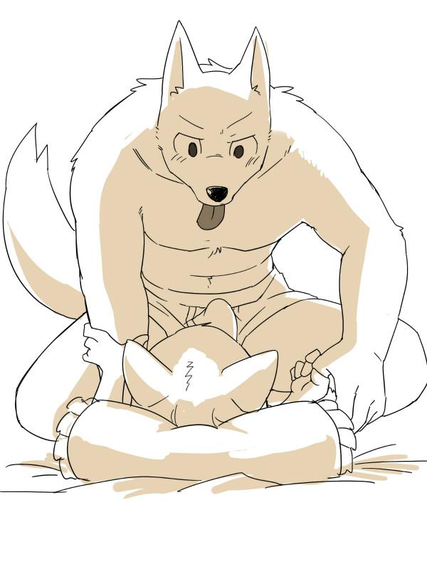 2015 age_difference bed big_dom_small_sub bulge canine cat clothed clothing crouching duo feline half-dressed kemono lying male male/male mammal manmosu_marimo monochrome pillow size_difference tongue underwear wolf