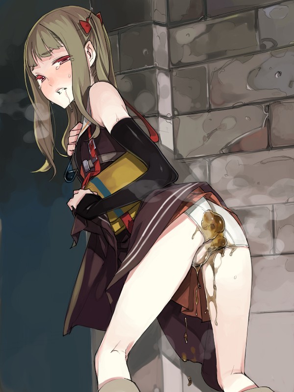 bag bangs blush boots breasts brick_wall buckle clenched_teeth detached_sleeves dress dress_lift fakepucco from_side grey_hair hair_ribbon half-closed_eyes hand_on_own_chest knee_boots kneepits leaning_forward legs_apart long_hair looking_at_viewer looking_back medic_(sekaiju) pale_skin panties plaid plaid_skirt raised_eyebrows red_eyes ribbon sailor_collar sailor_dress saliva satchel scat sekaiju_no_meikyuu sekaiju_no_meikyuu_4 sidelocks skirt skirt_lift small_breasts solo standing tears teeth twintails underwear white_panties
