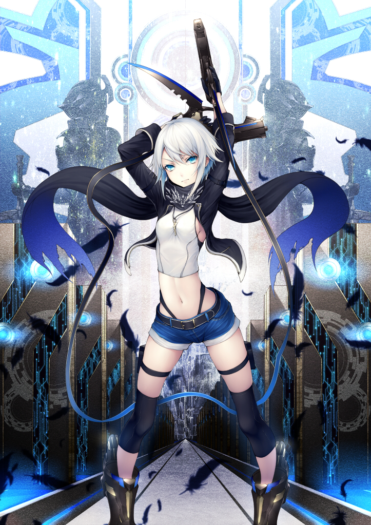 belt black_gloves blade blue_eyes closed_mouth feather female gloves gun holding holding_gun holding_weapon jewelry kyoeiki long_sleeves looking_at_viewer midriff navel necklace original scarf short_hair shorts sleeves_rolled_up solo weapon white_hair