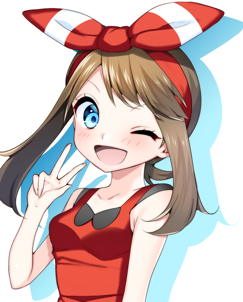 1girl ;d blue_eyes bow breasts brown_hair collarbone creatures_(company) game_freak hair_bow hairband haruka_(pokemon) long_hair looking_at_viewer nintendo one_eye_closed open_mouth pokemon pokemon_(game) pokemon_oras red_bow red_hairband red_shirt shadow shirt simple_background sleeveless sleeveless_shirt small_breasts smile solo striped striped_bow twintails upper_body w white_background yuihiko