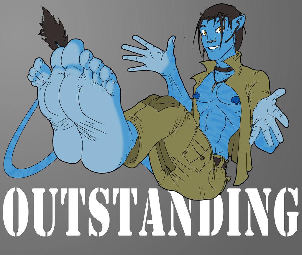 5_toes alien anthro barbarianlust barefoot blue_skin clothing foot_focus hair humanoid jake_sully james_cameron's_avatar jazz_hands looking_at_viewer male na'vi necklace nipples plain_background smile soles solo text toes