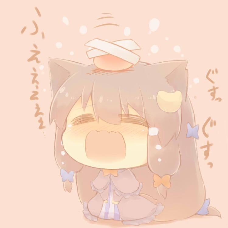 =_= animal_ears blue_ribbon cat_ears catchouli chibi closed_eyes commentary_request crescent crescent_hair_ornament crossed_bandaids crying hair_ornament hair_ribbon hazuki_ruu kemonomimi_mode long_hair open_mouth pajamas patchouli_knowledge purple_hair red_ribbon ribbon solo striped striped_pajamas tears touhou translation_request tress_ribbon wavy_mouth