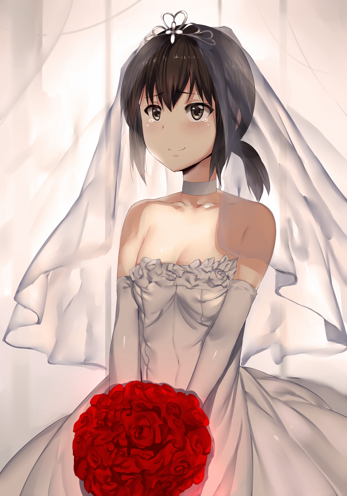 bare_shoulders black_eyes black_hair bouquet breasts bridal_veil bride choker collarbone dress elbow_gloves flower fubuki_(kantai_collection) gloves hews_hack holding holding_flower kantai_collection red_flower red_rose rose short_hair short_ponytail small_breasts smile solo strapless strapless_dress tears tiara veil wedding_dress white_dress white_gloves