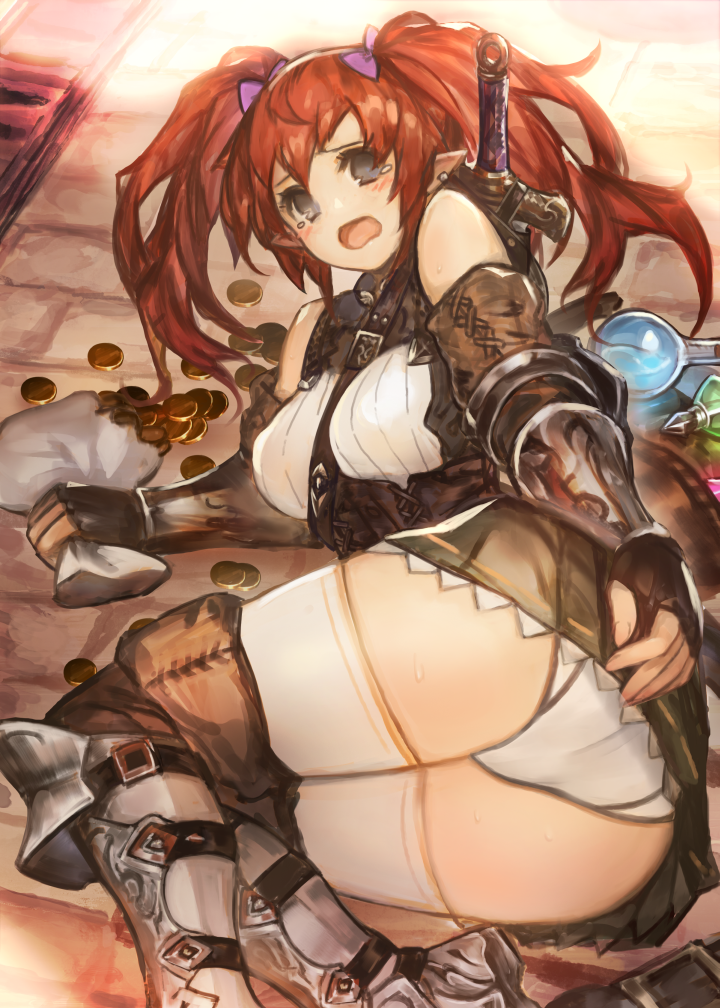 ass between_breasts black_eyes black_gloves blush breasts coin detached_sleeves earrings elf fingerless_gloves flask gloves greaves hair_ribbon jewelry large_breasts long_hair looking_at_viewer lying miniskirt on_ground on_side open_mouth original panties pantyshot pantyshot_(lying) pavement pointy_ears potion red_hair ribbon sack sheath sheathed skirt solo spill strap_cleavage stud_earrings sword tears thighhighs twintails underwear vambraces wavy_mouth weapon white_legwear white_panties yaoya_musuko