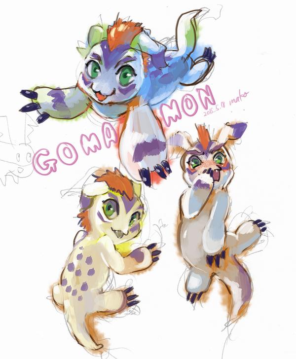 all_fours ambiguous_gender blush claws digimon fangs fur gomamon hair long_ears looking_back lying mako mammal mohawk multiple_images on_back open_mouth patamon plain_background seal text white_fur