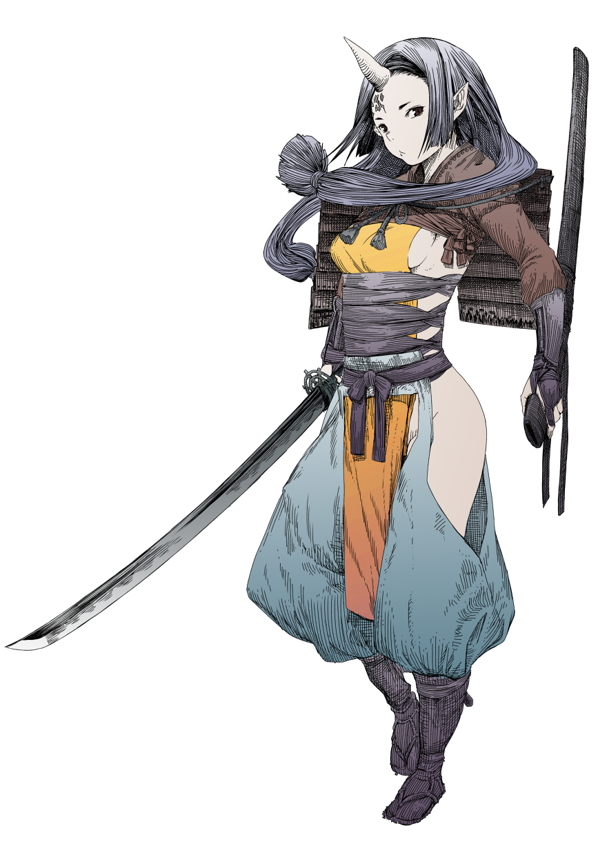 black_hair full_body highres japanese_clothes katana looking_at_viewer oni oni_horns original pointy_ears sheath shiro_shougun simple_background solo sword tabi weapon white_background