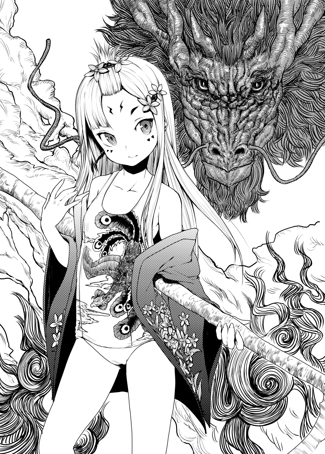 dragon eastern_dragon facepaint greyscale hair_ornament hairclip highres japanese_clothes long_hair monochrome one-piece_swimsuit original shiro_shougun simple_background swimsuit weapon white_background