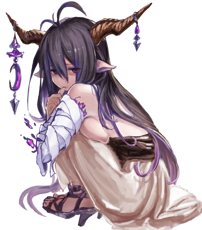antenna_hair bandages black_hair breasts danua draph dress finger_to_mouth granblue_fantasy horns jewelry large_breasts long_hair looking_at_viewer mizutsu pointy_ears red_eyes sideboob simple_background solo squatting topless white_background