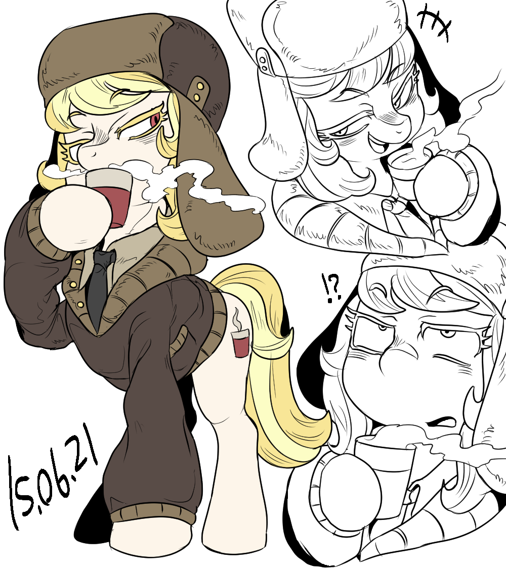 2015 ?! blonde_hair blush clothing coffee cutie_mark equine female friendship_is_magic hair hat horse mammal march_gustysnows_(mlp) my_little_pony necktie nekubi pony solo steam ushanka