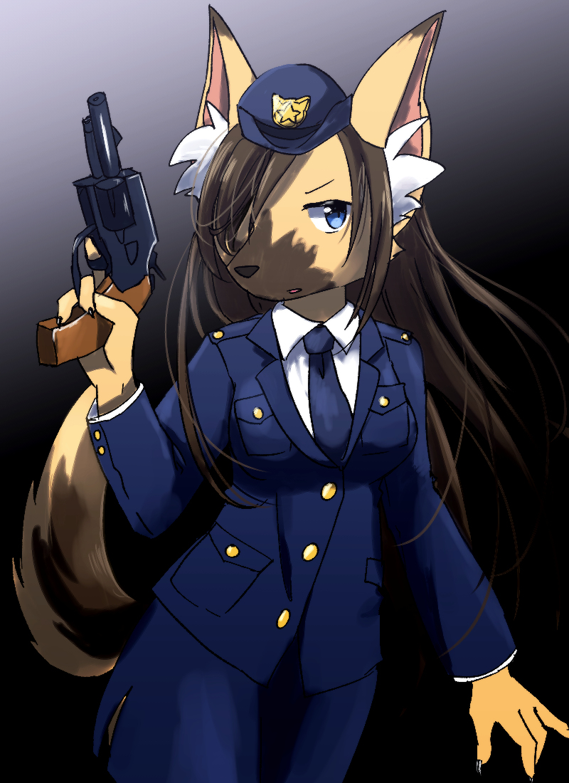 blue_eyes brown_hair canine dog female gun hair kemono long_hair mammal necktie officer police_officer ranged_weapon weapon けもりぼん