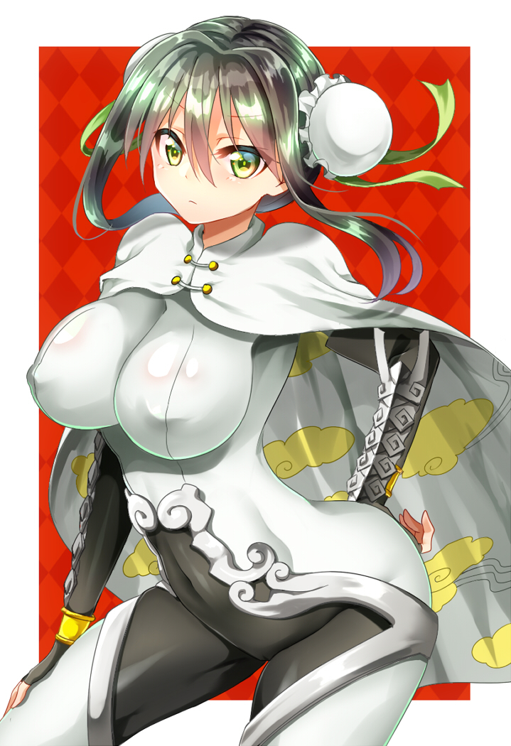 arm_guards bangs black_hair bodysuit breasts bun_cover cape chinese_clothes closed_mouth cloud_print covered_navel double_bun erect_nipples eyebrows_visible_through_hair fate/grand_order fate_(series) green_eyes hand_on_hip homi28 medium_breasts qin_liangyu_(fate) sidelocks simple_background skin_tight solo standing white_cape