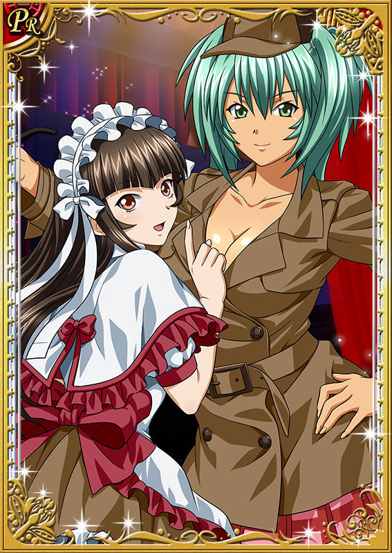 1girl breasts brown_hair card_(medium) female green_hair hat ikkitousen long_hair looking_at_viewer multiple_girls official_art ryofu_housen smile ten'i_(ikkitousen) ten'i_(ikkitousen)