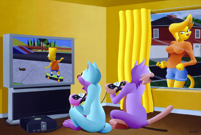 anthony_ausgang bart_simpson breasts cartoon cat curtains dog_shit feline female male mammal microsoft skateboard television the_simpsons video_games window xbox