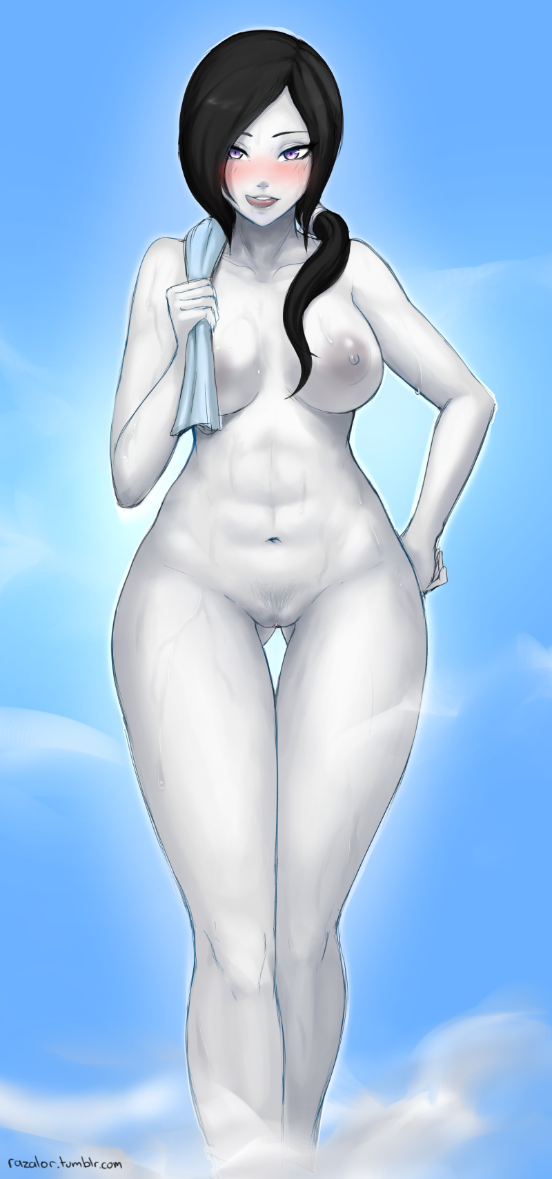 abs ass_visible_through_thighs black_hair blush breasts hand_on_hip highres hips large_breasts licking_lips looking_at_viewer naughty_face navel nipples nude ponytail pubic_hair purple_eyes pussy razalor solo sweat thigh_gap tongue tongue_out wet white_skin wii_fit wii_fit_trainer
