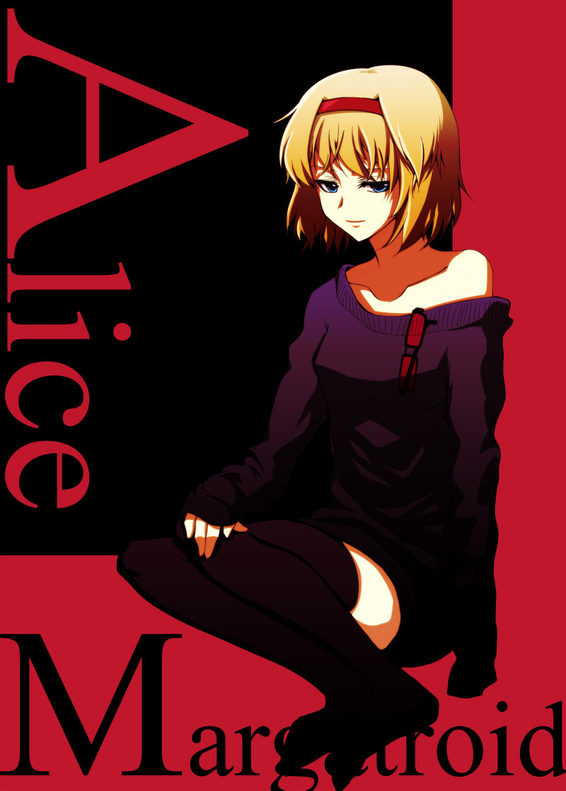 alice_margatroid alternate_costume bad_id bad_pixiv_id bare_shoulders blonde_hair blue_eyes character_name collarbone contemporary ex_hien eyewear_hang eyewear_removed glasses hairband off_shoulder short_hair socks solo sweater thighhighs touhou
