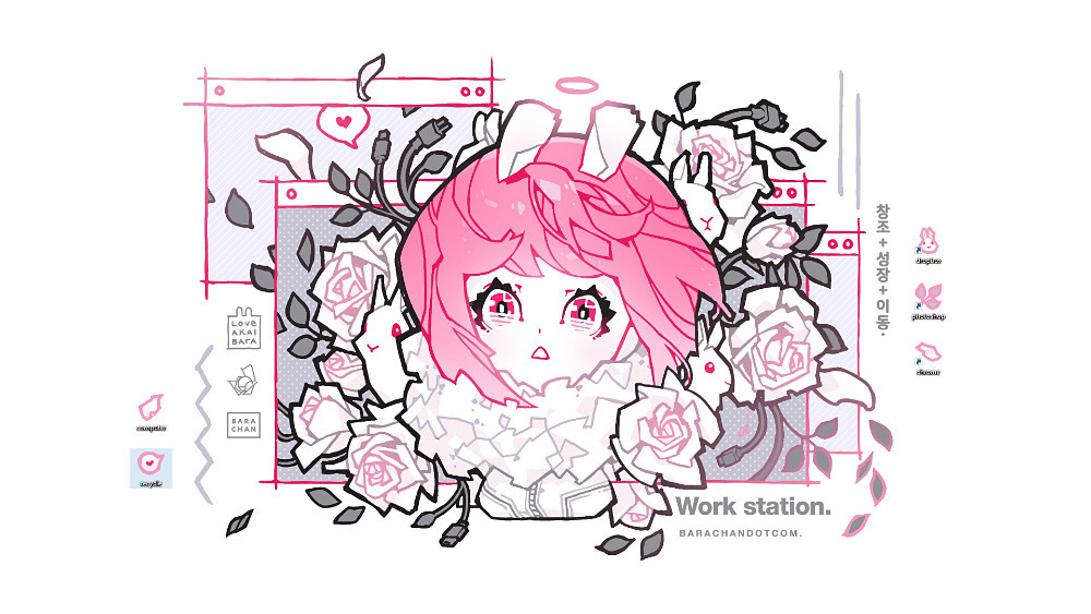 1girl animal animal_ears artist_name bangs barachan bunny bunny_ears cable english flower head heart icon looking_at_viewer medium_hair original pale_skin parted_lips pink_eyes pink_hair plant plug rose solo speech_bubble vines white_flower white_rose window_(computing)