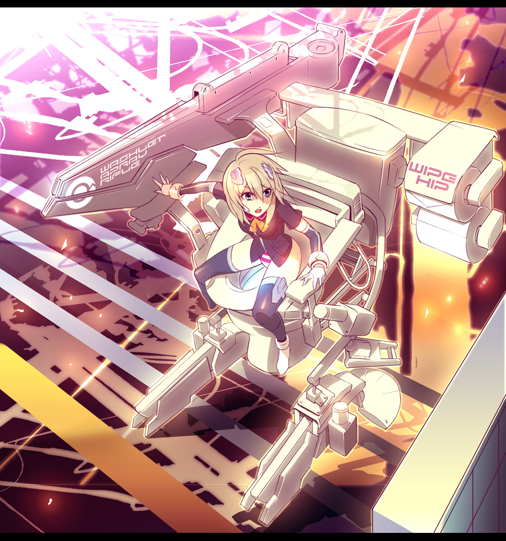 blonde_hair commentary gloves hair_ornament kaiseki letterboxed mecha no_pants open_mouth original panties short_hair sitting solo striped striped_panties thighhighs toilet underwear what